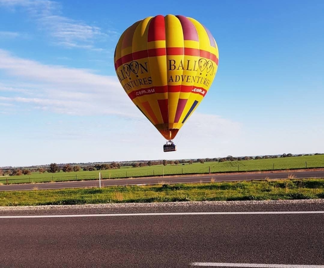 Hot air balloon floating over Barossa Valley vineyards at sunrise